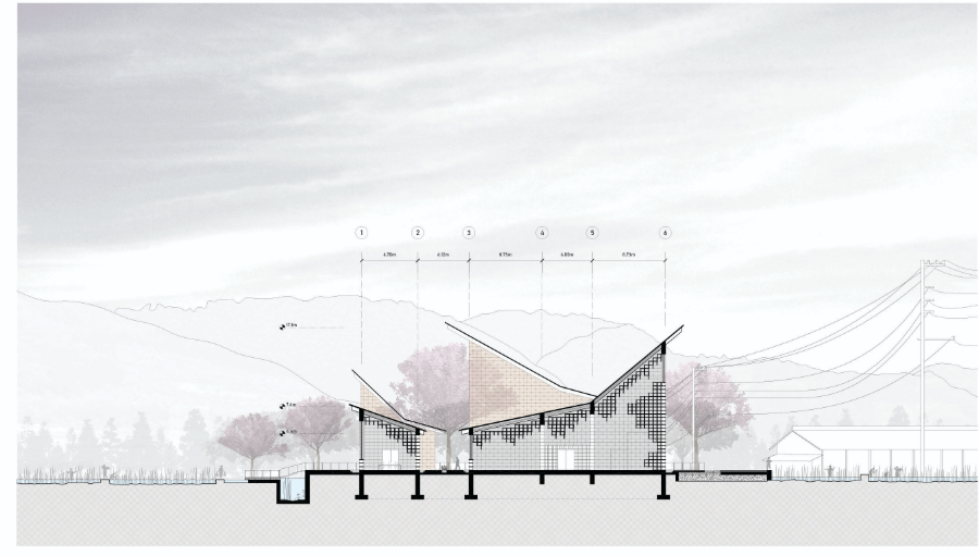 Sectional drawing showing the sloped roof geometry and integration of landscape with built form.