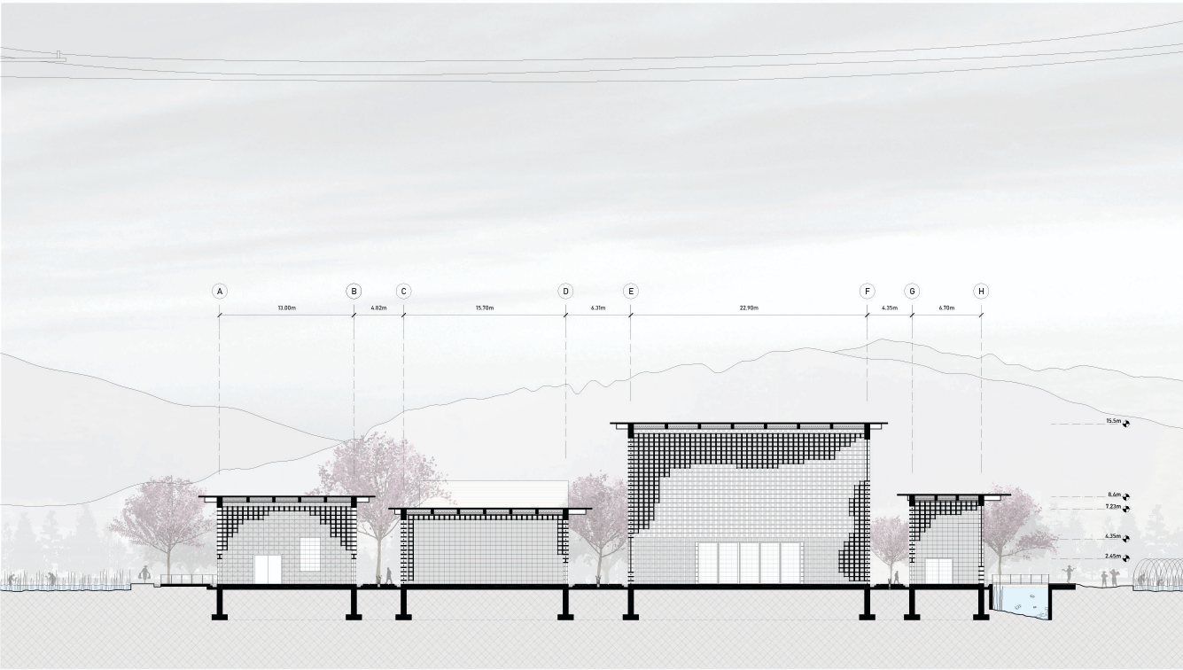 Detailed sectional elevation depicting modular rhythm, volumetric proportions, and spatial sequencing.