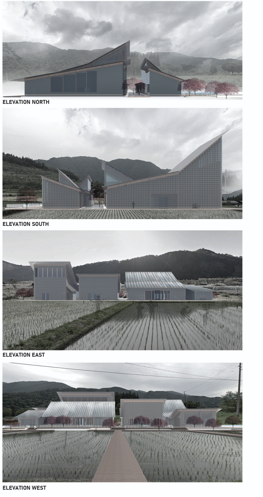 North, South, East, and West elevations demonstrate contextual massing and material consistency across orientations.