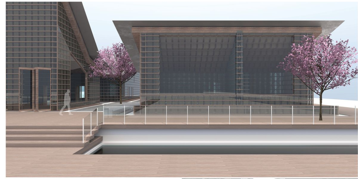 Framed perspective of the open courtyard showcasing modular facades and seasonal cherry blossoms.