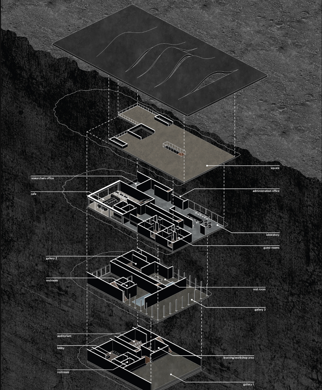 Multi-level underground program revealed, integrating research, galleries, and public spaces within excavated strata.