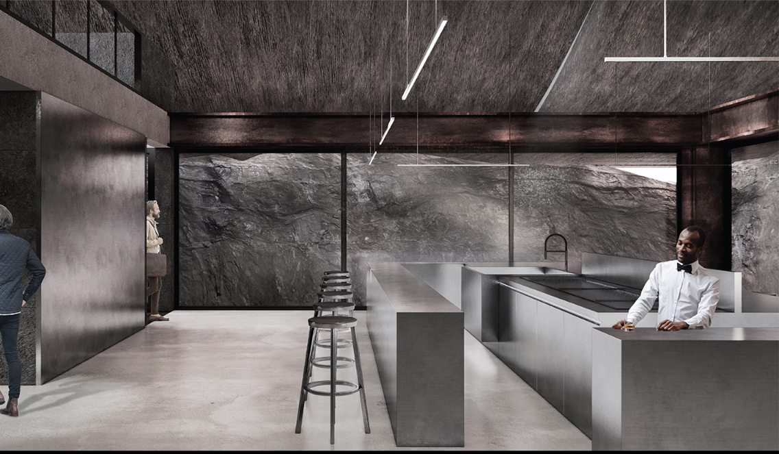 Sleek interior spaces contrast with rugged stone walls, emphasizing the interaction of human and natural materials.