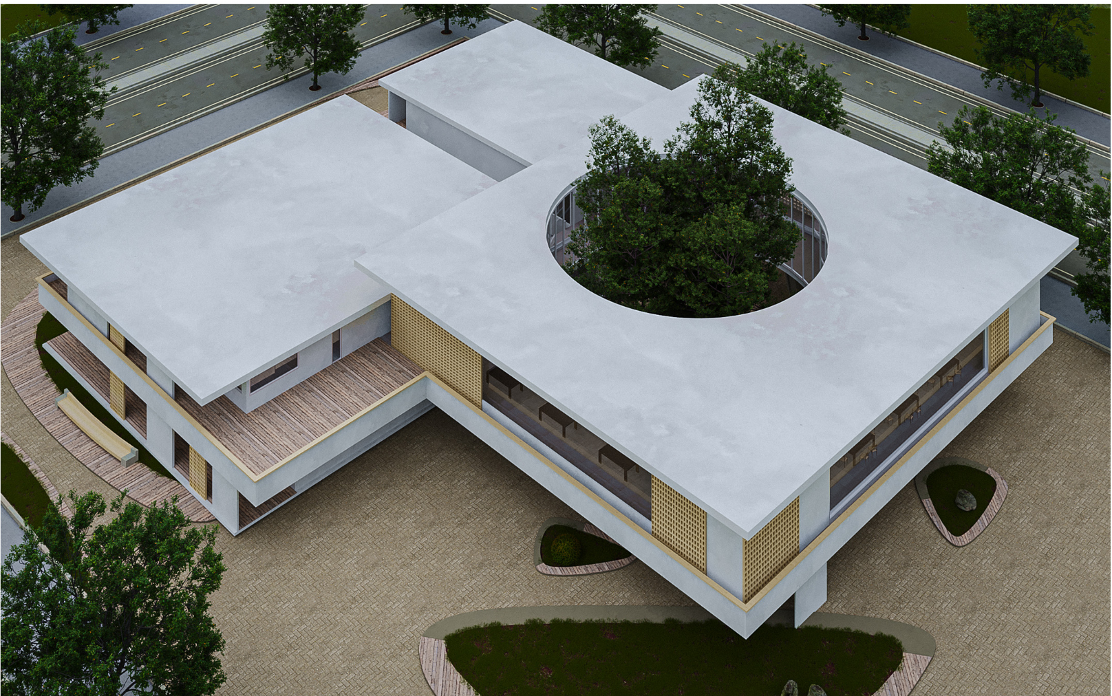 A symbolic void with a central tree anchors memory and growth—nature as therapy in architectural form.