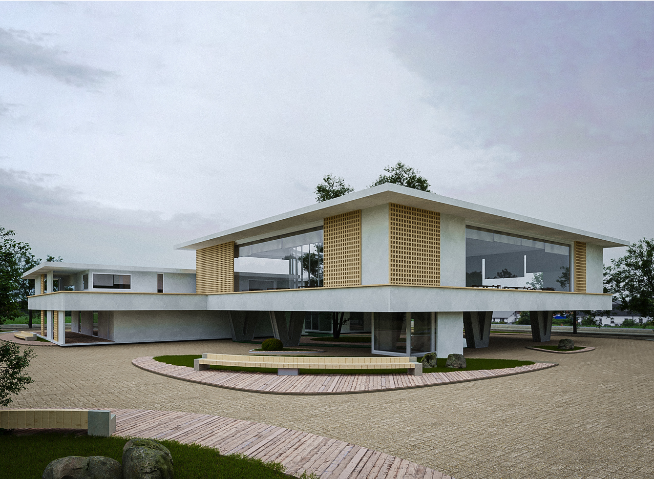 Raised on piloti, the building recalls agricultural landscapes while fostering openness and grounded calm.