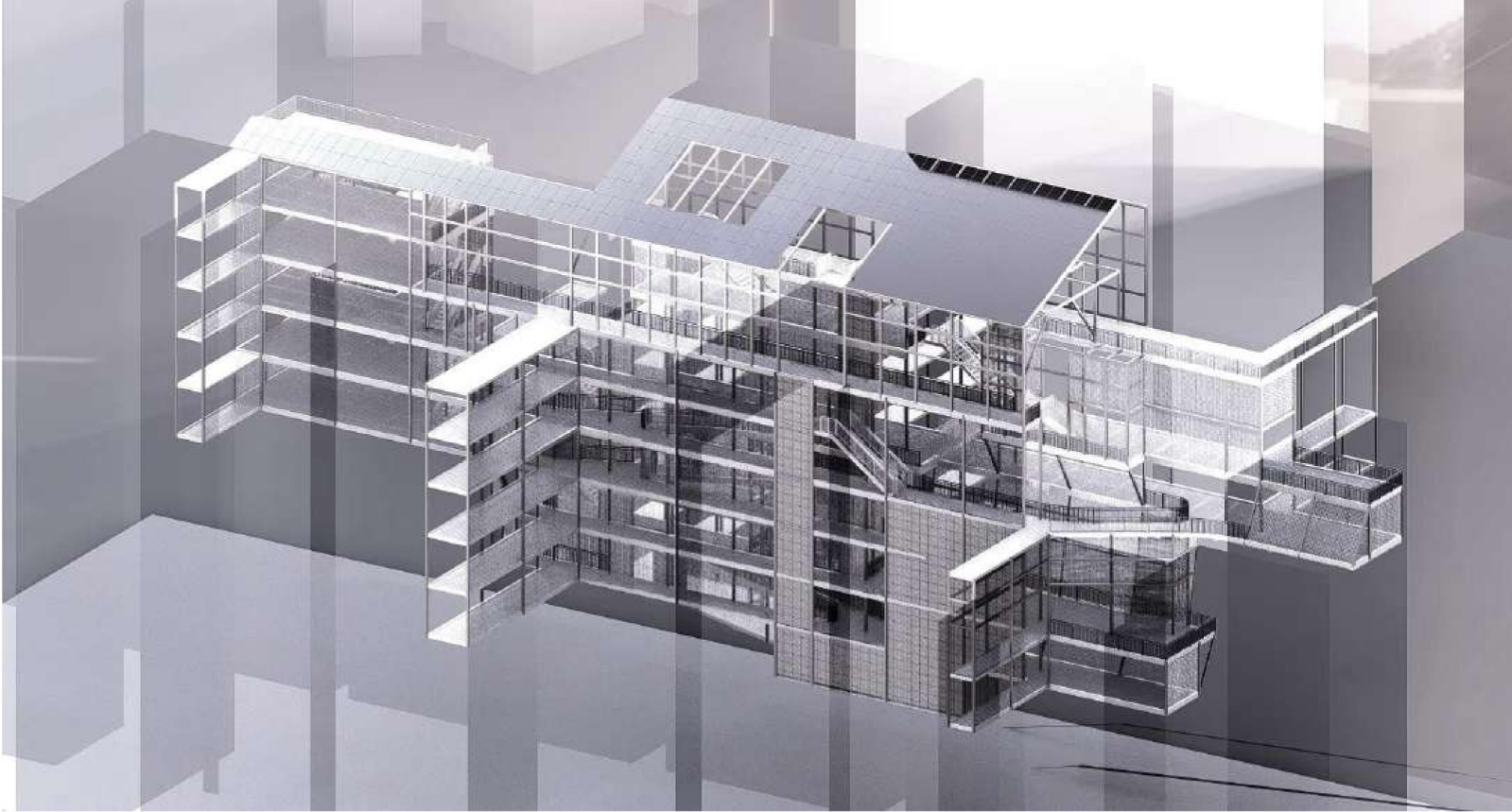 Aerial cutaway revealing how the green infrastructure interweaves through existing urban buildings.