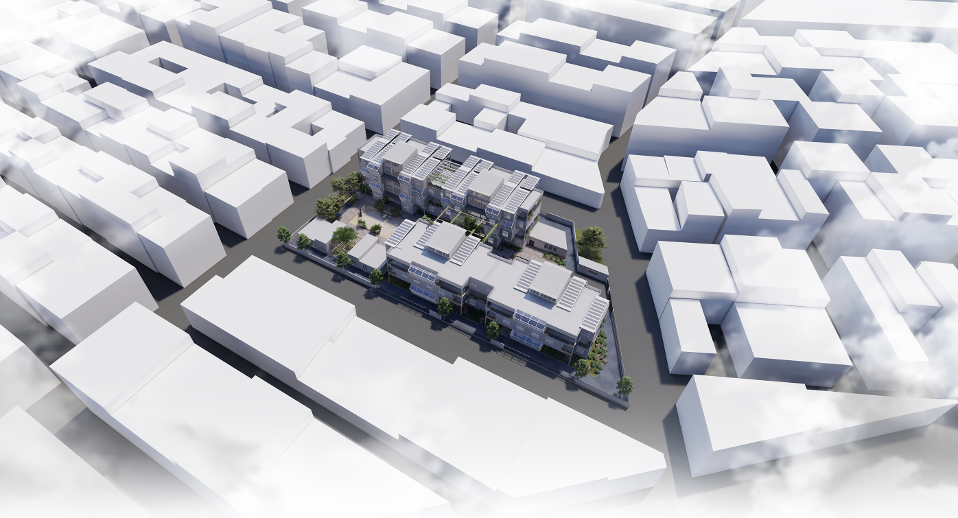 Bird's-eye view of the Plugin Housing community nestled in Tehran’s dense urban fabric.