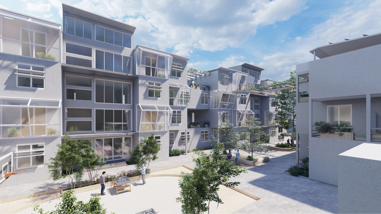 Open communal space promoting interaction and natural daylight within modular housing blocks.