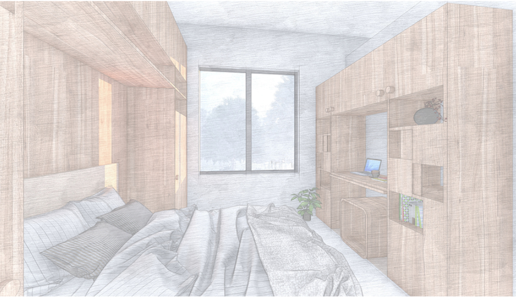 Efficient bedroom design with integrated modular furniture for adaptable living.