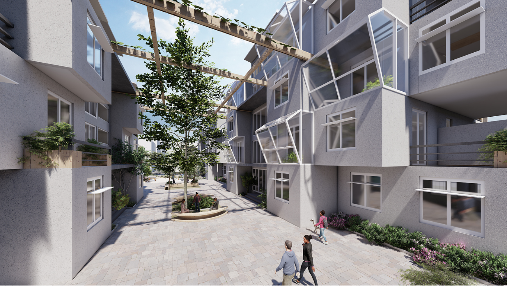 Public circulation path with suspended planters and seating, enhancing social engagement.