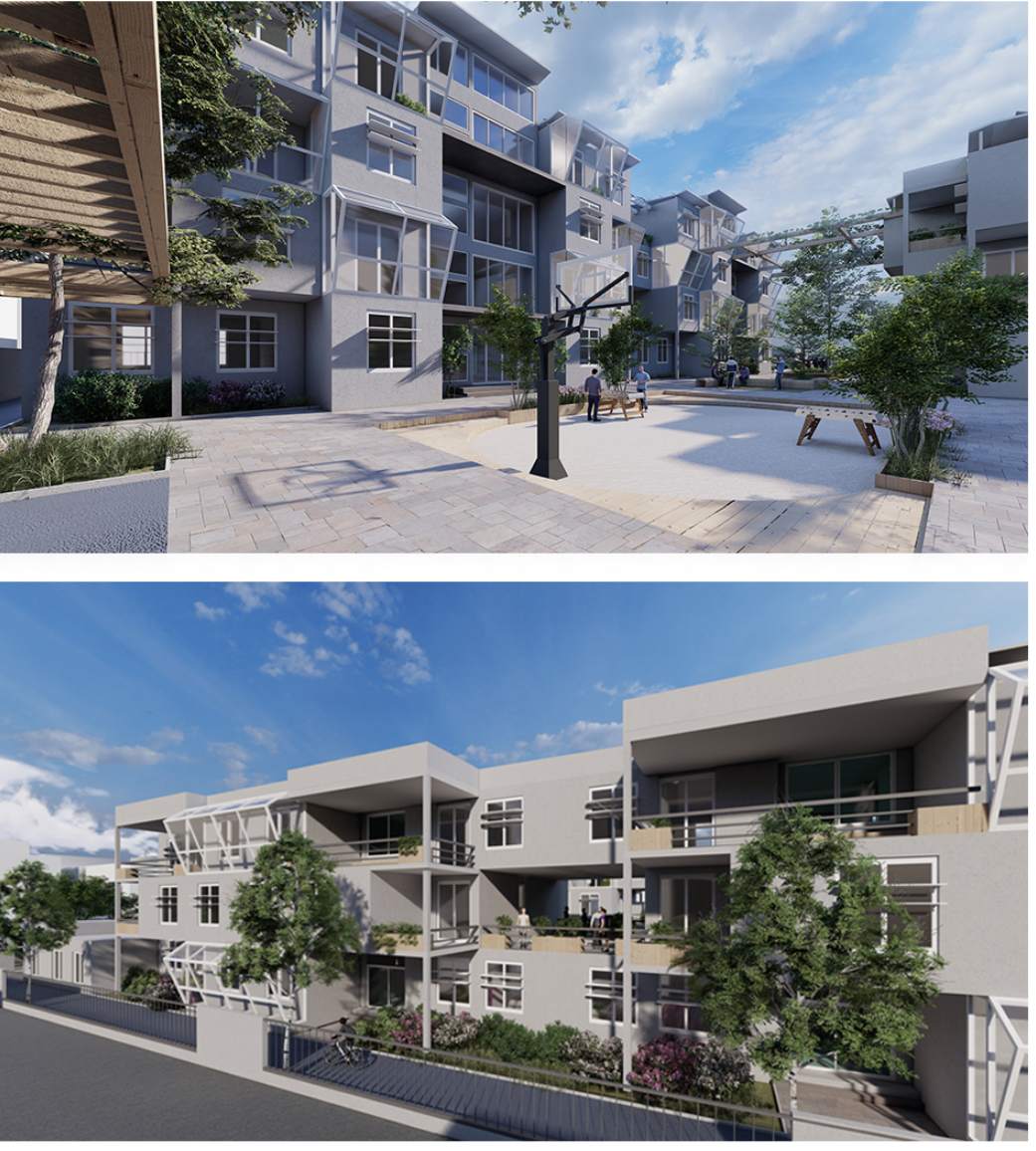 Central gathering area with recreational amenities surrounded by green balconies.