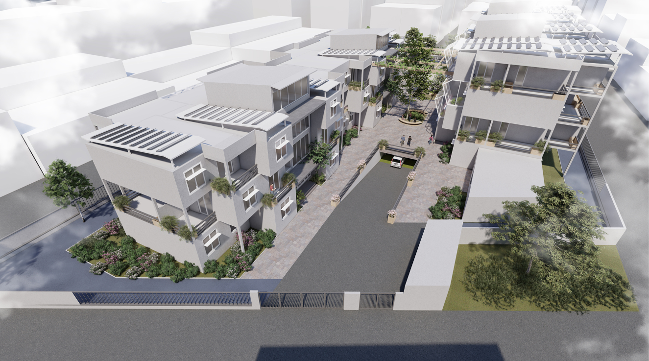 Linear perspective showing integration of open spaces, walkways, and residential units.