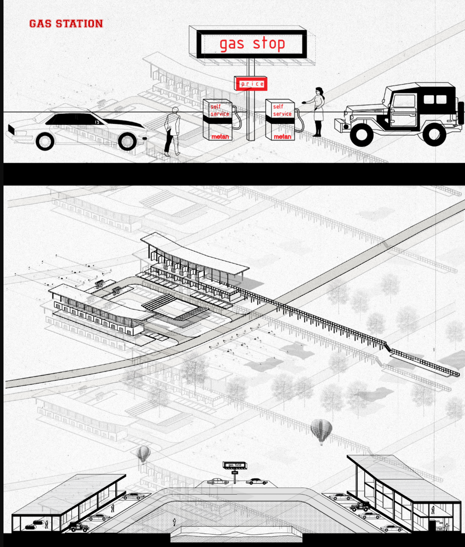 Isometric drawing showing a gas station with pumps and vehicles alongside a sprawling horizontal building complex