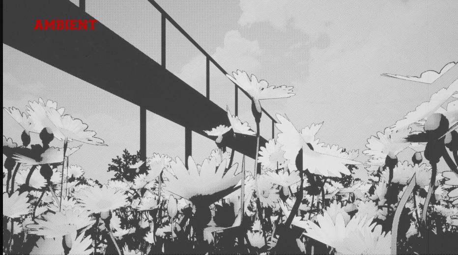 Sketch of an elevated walkway with railing above dense foliage and flowering plants below