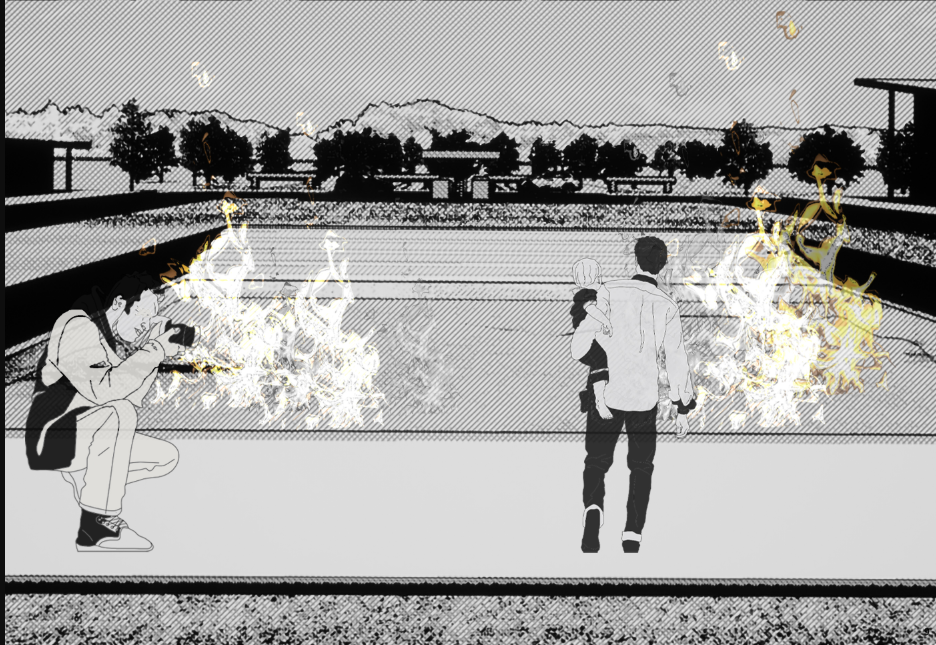 Section drawing of figures observing a rectangular reflecting pool with yellow flames rising from the water
