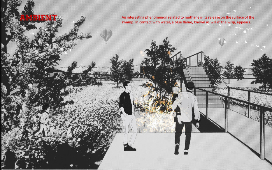 Perspective rendering of a boardwalk path with metal railing leading past trees and orange flames in vegetation