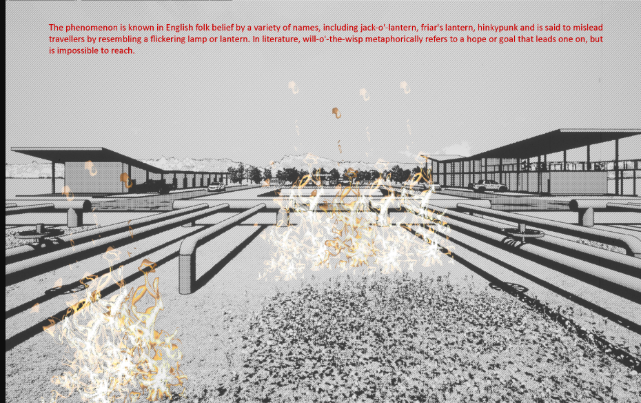 View down a linear plaza with stepped seating platforms flanking a central water channel with yellow flames
