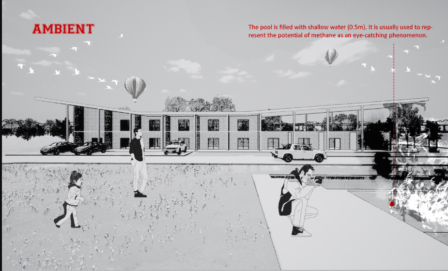 Street elevation showing a two-story rectangular building with figures on the sidewalk and hot air balloons overhead
