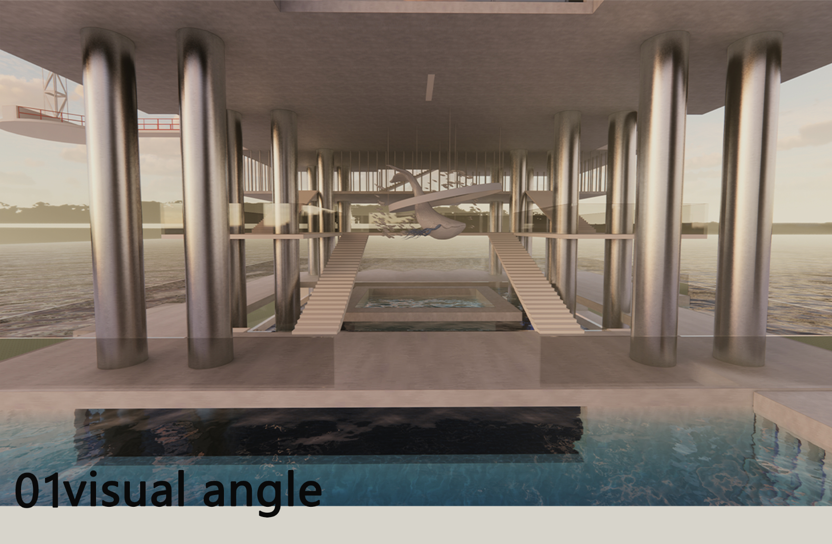 The central atrium celebrates marine life and invites visitors into a reflective and immersive experience beneath the rig structures.