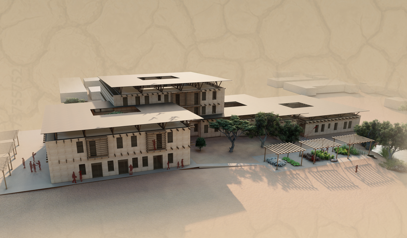 Aerial view showcasing modular blocks and shaded communal zones using 3D-printed earth.