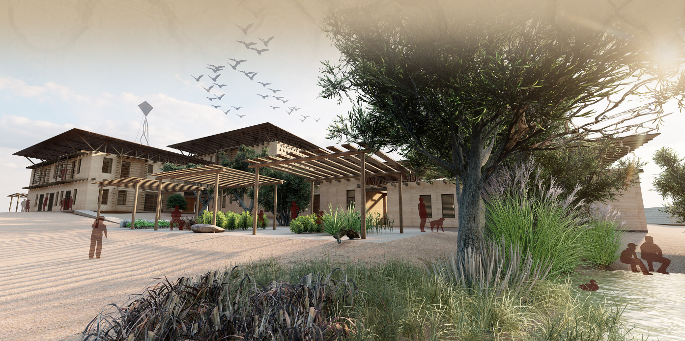 Blending nature with architecture through shaded outdoor gardens and passive cooling strategies.