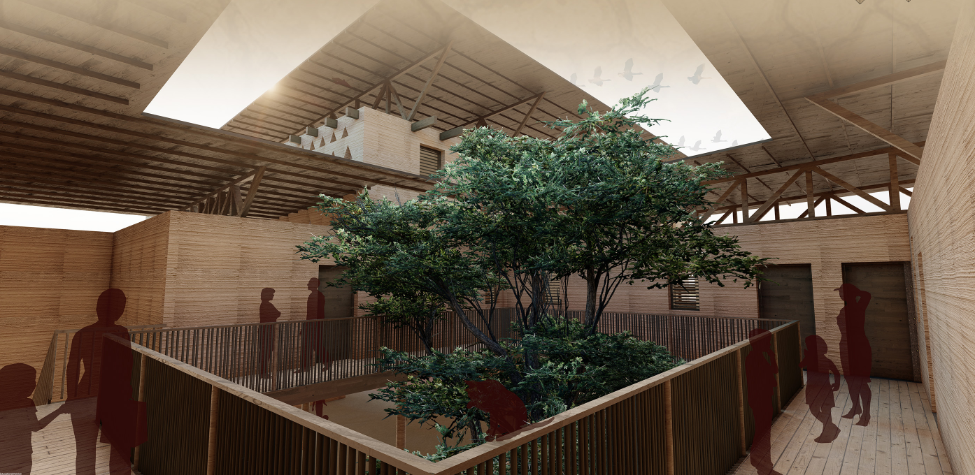 A tree-filled courtyard acting as a thermal buffer and visual anchor for the residential blocks.