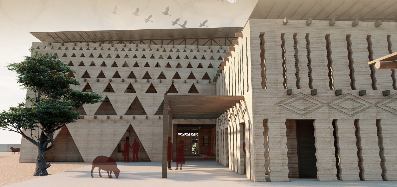 The cultural identity of Ghana is embedded in geometric wall carvings, enhancing both ventilation and aesthetics.