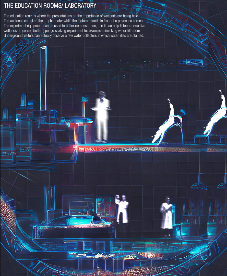 Amphitheater-style learning spaces where wetland processes are visualized and taught through interactive demonstrations.