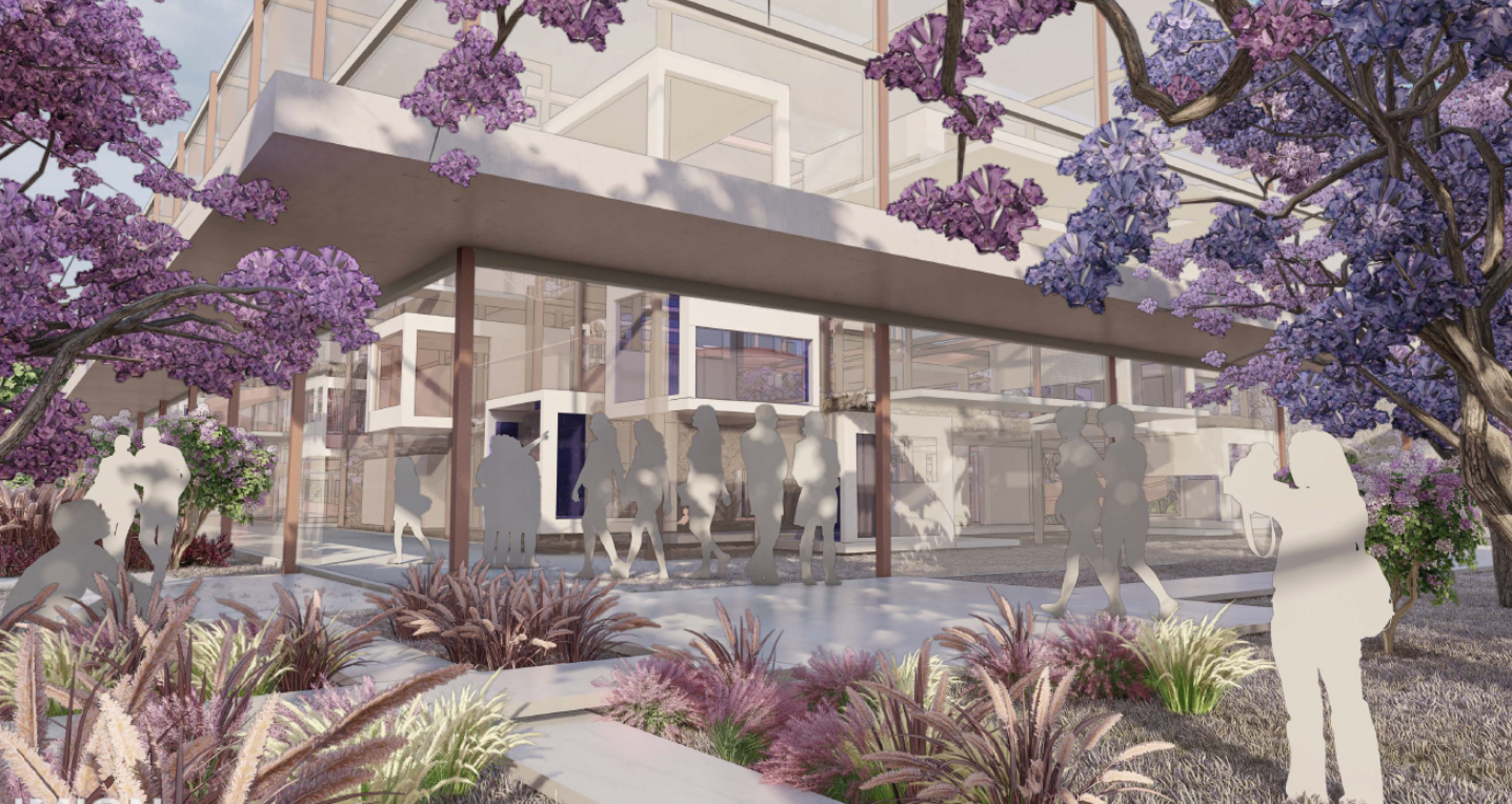 Inviting entrance framed by transparent facades and flowering landscapes, blending architecture with nature.
