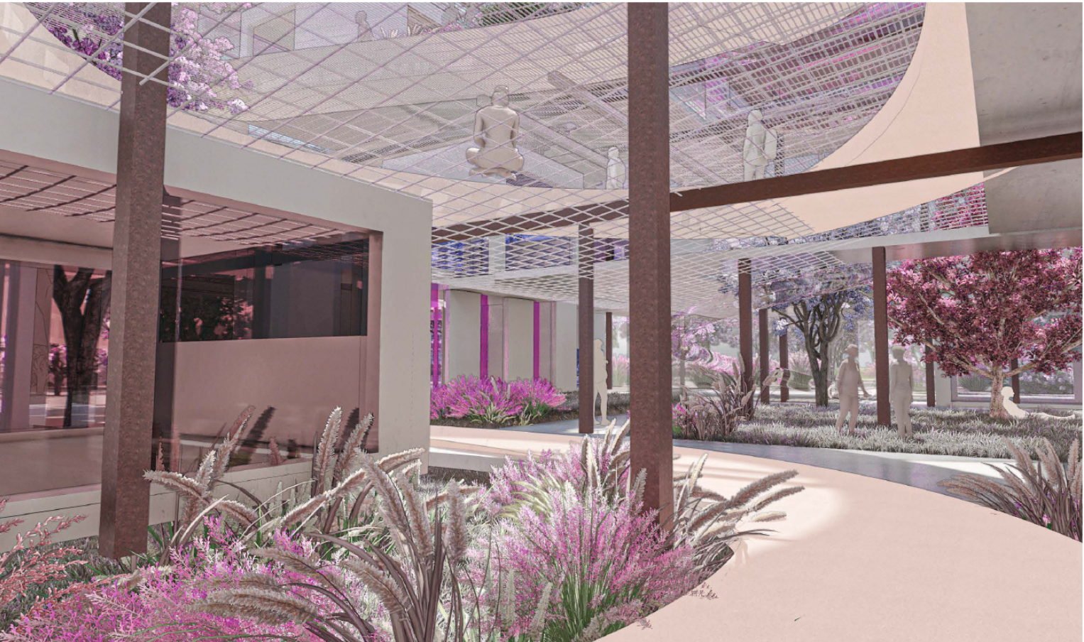 Soft landscape under a lattice roof—creating shaded, breathable social spaces rooted in nature.
