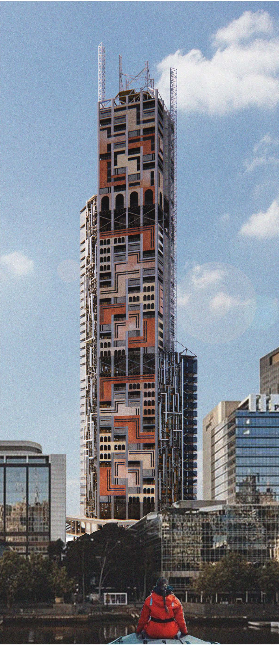 Exterior view of the New Metabolism Tower, showcasing its layered, multicultural facade.