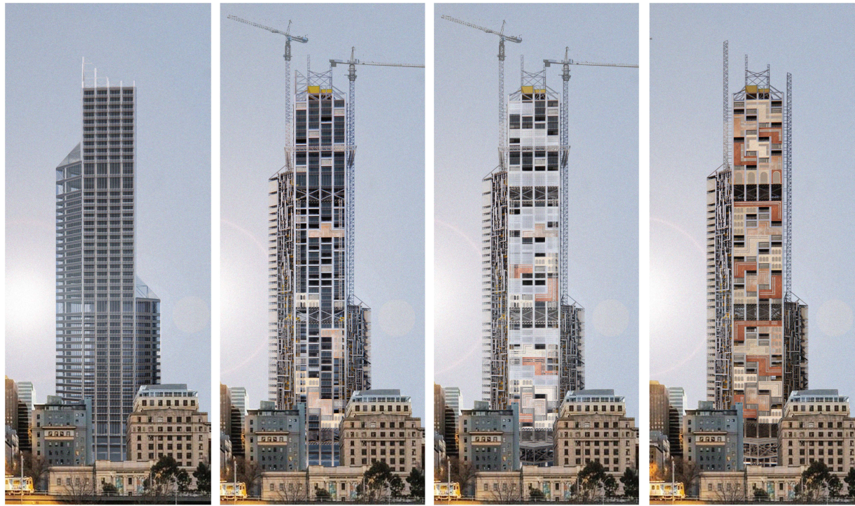 Four-phase construction sequence illustrating the tower’s transformation through metabolic architectural logic.
