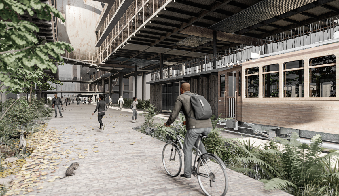A green, walkable public realm with integrated transit reconnects Makoko to the larger urban fabric.
