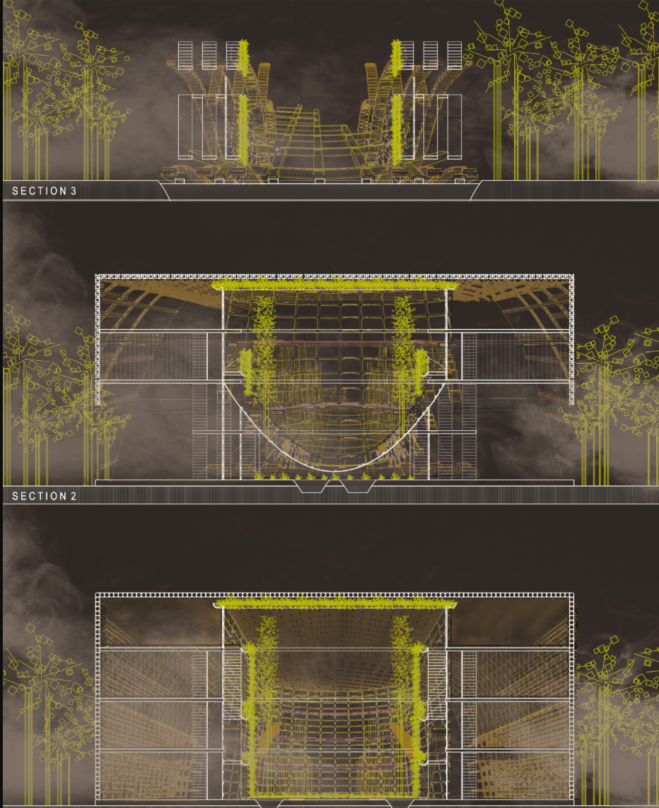 Architectural sections reveal the hyphae-inspired structure rooted in wetland topography and organic form.