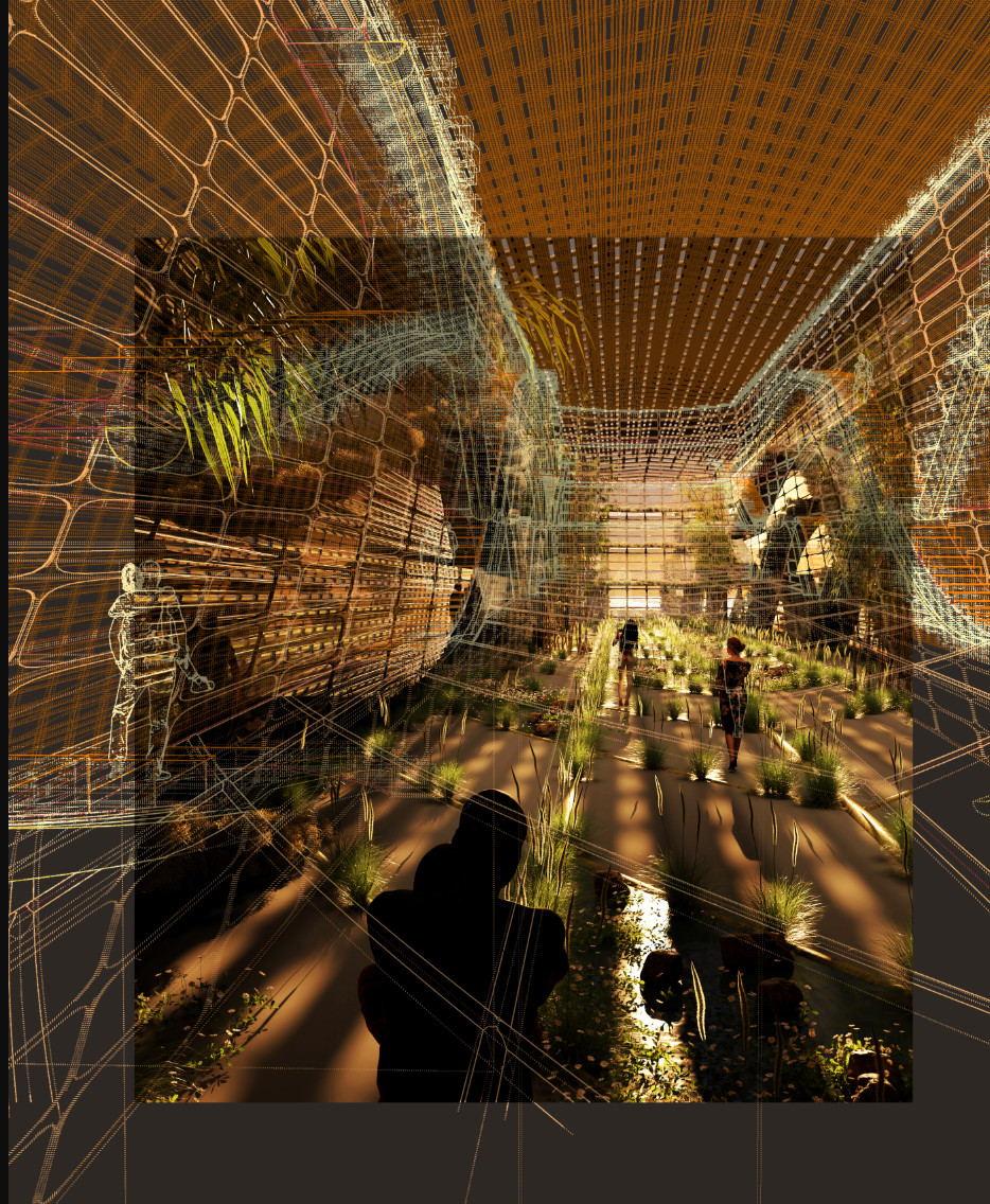 An indoor wetland journey where structure and vegetation co-exist, fostering environmental awareness through design.