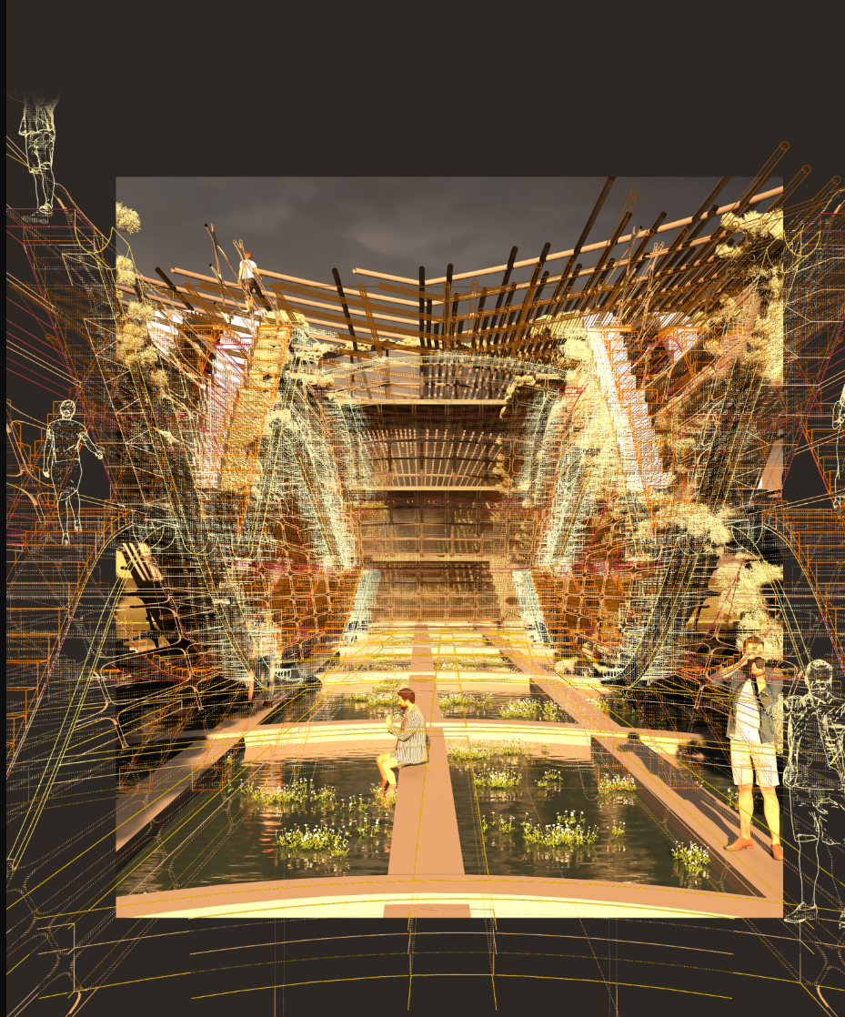 At the heart of the center, bio-architecture frames a contemplative path over water—where research meets nature.