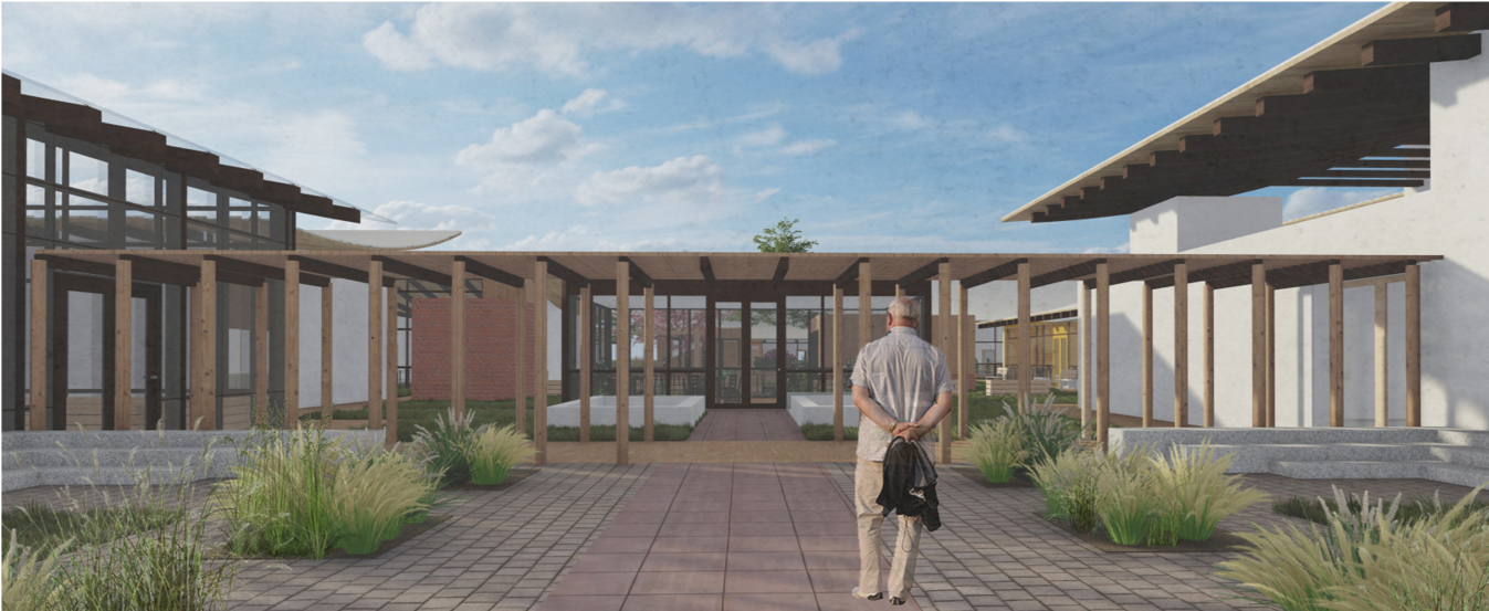 A welcoming courtyard framed by timber colonnades offers a sense of peace and spatial clarity for dementia patients.