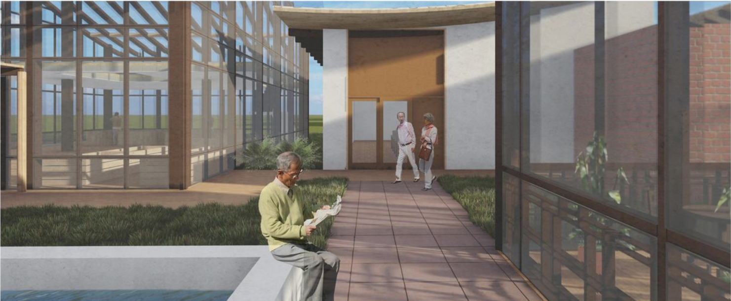 Axonometric view showcasing the village-like layout inspired by traditional Hanok principles and therapeutic design.