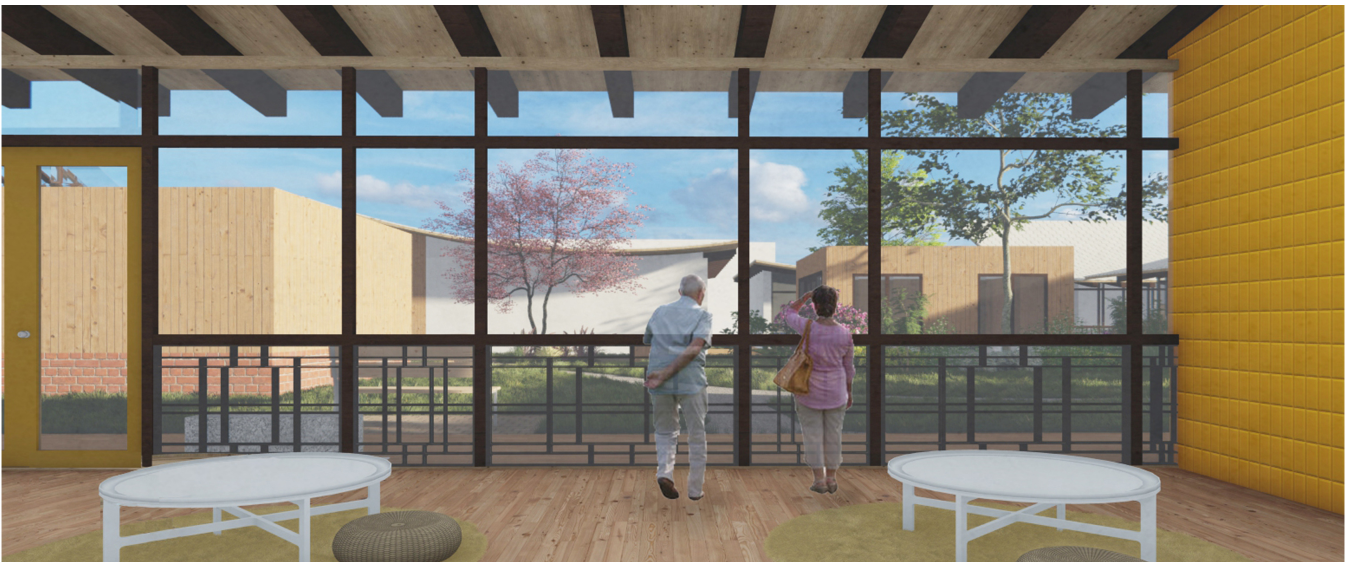 Interior view highlighting the visual connection between indoor spaces and healing landscapes.