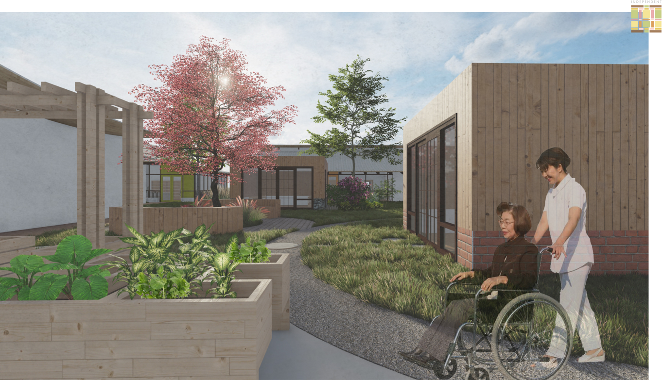 Raised planters and curved pathways facilitate gardening therapy and gentle movement, promoting engagement and wellness.