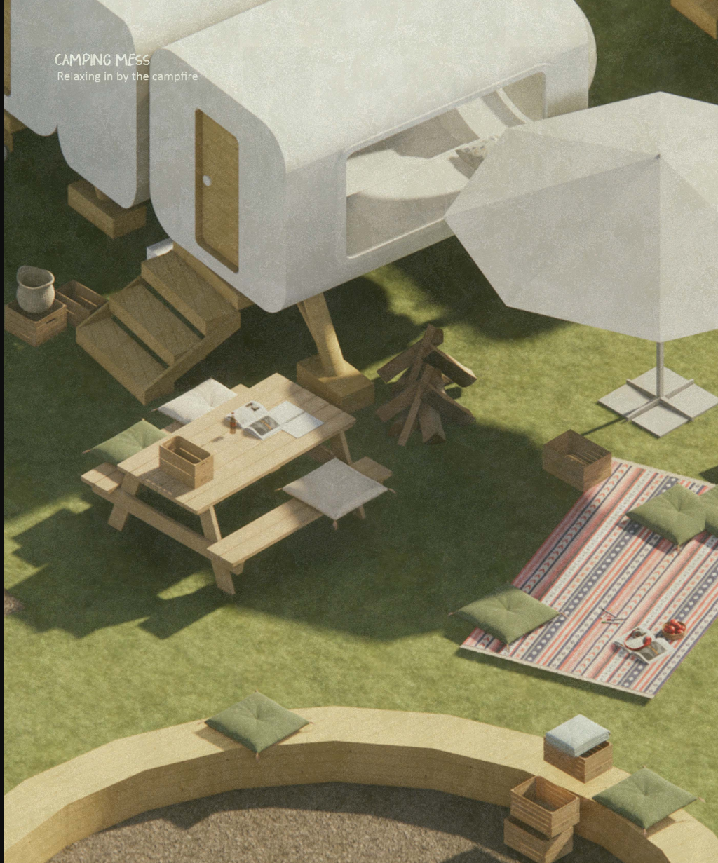 A cozy outdoor dining scene next to camper capsules—where mealtime blends with relaxation.