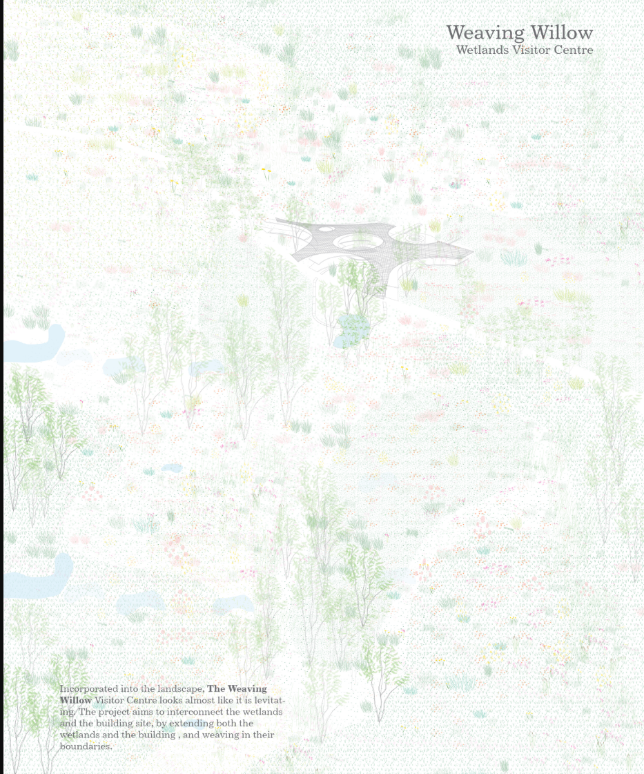 Site plan drawing showing the lobed building form nestled among wetland vegetation and waterways