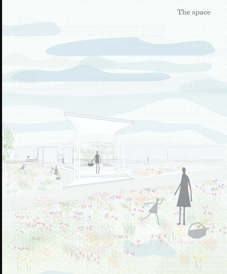 Section drawing showing the cantilevered roof sheltering interior spaces with visitors in surrounding flower meadow