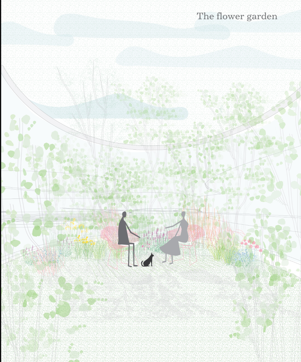 Interior perspective drawing of a planted courtyard garden with overhead trellis structure and two visitors with dog