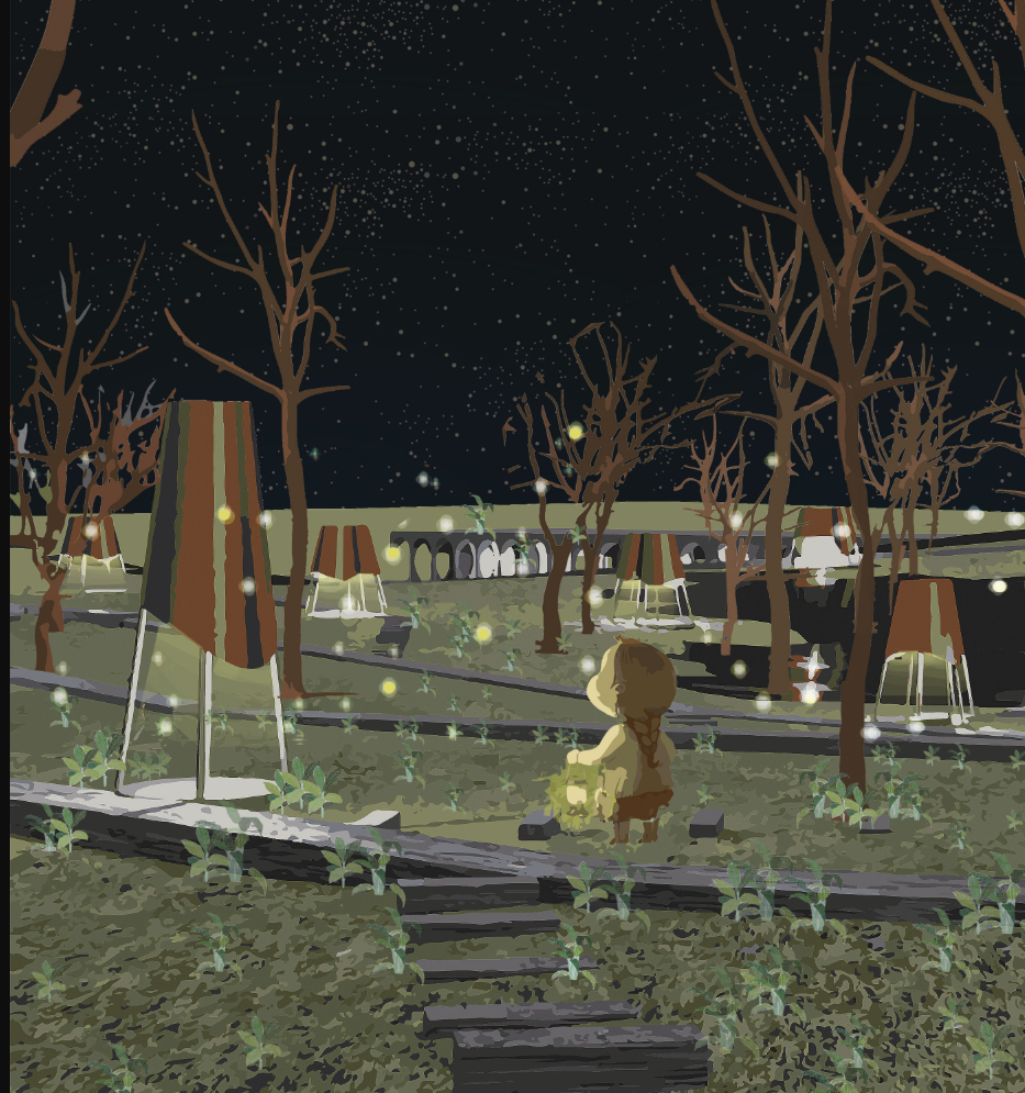 A magical forest scene with glowing pavilions and a child surrounded by fireflies—capturing the atmosphere of a Tolkien-inspired nightscape.