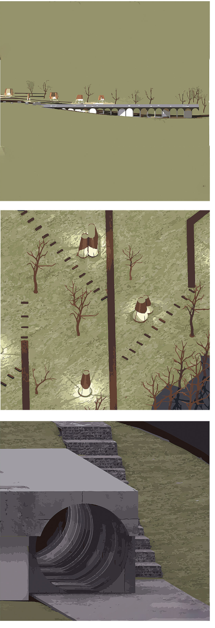 Rendered views showcasing the visitor center nestled in the landscape, the scattered pavilions, and the iconic circular tunnel entrance.