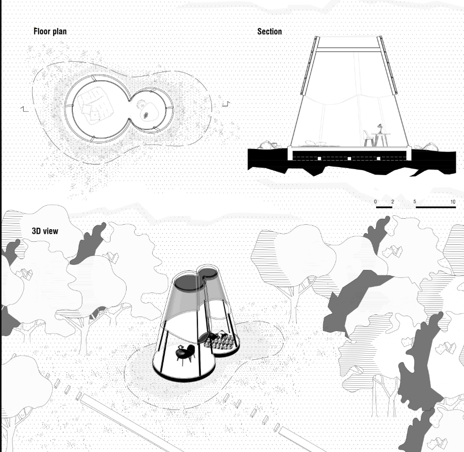 Architectural drawing and 3D view of a meditation pavilion designed for contemplation, relaxation, and immersive natural experience.
