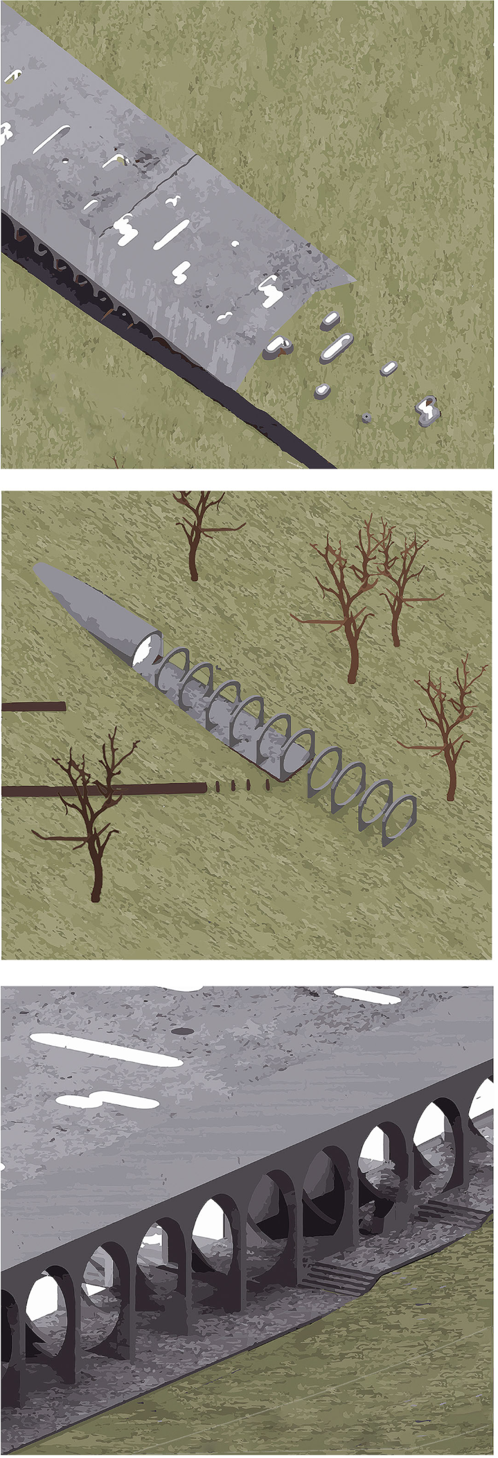 Exploded isometric views illustrating the tunnel structure and sculptural concrete ceiling with swamp-inspired perforations.
