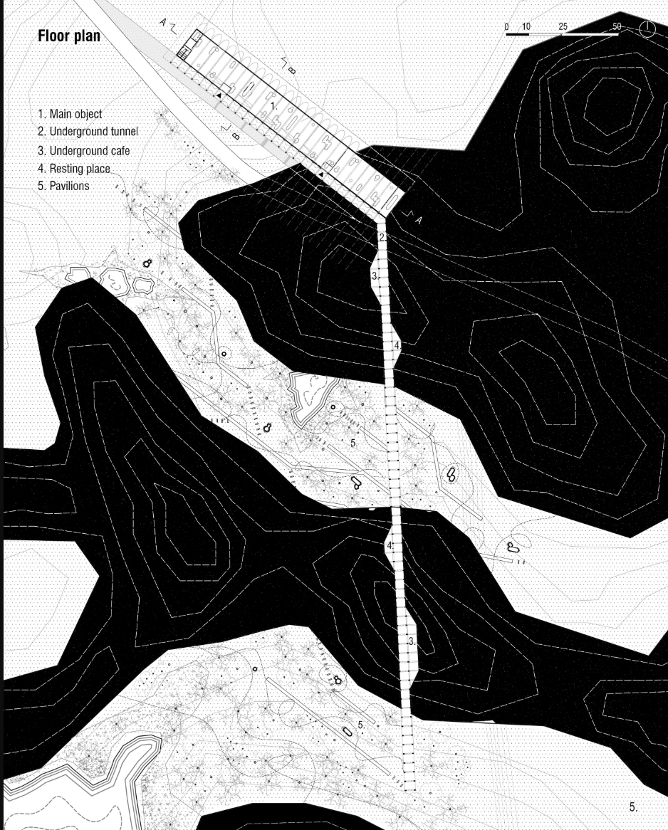 Comprehensive site plan mapping the primary visitor center, tunnel, café, rest zones, and pavilion distribution across the terrain.