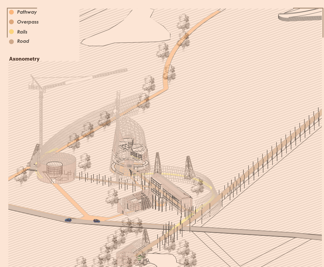 An aerial vision of the Aqualution Center, highlighting pathways, structures, and the integration of landscape and built form.