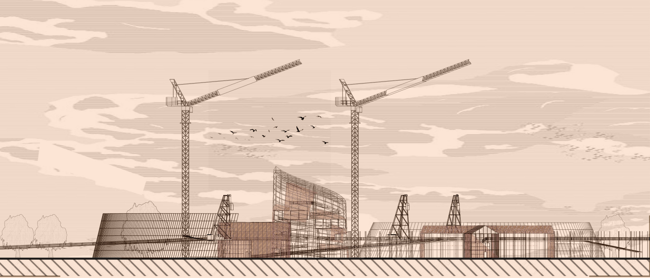 A detailed sectional view showcasing the interplay of historic industrial silhouettes with sustainable architecture elements.